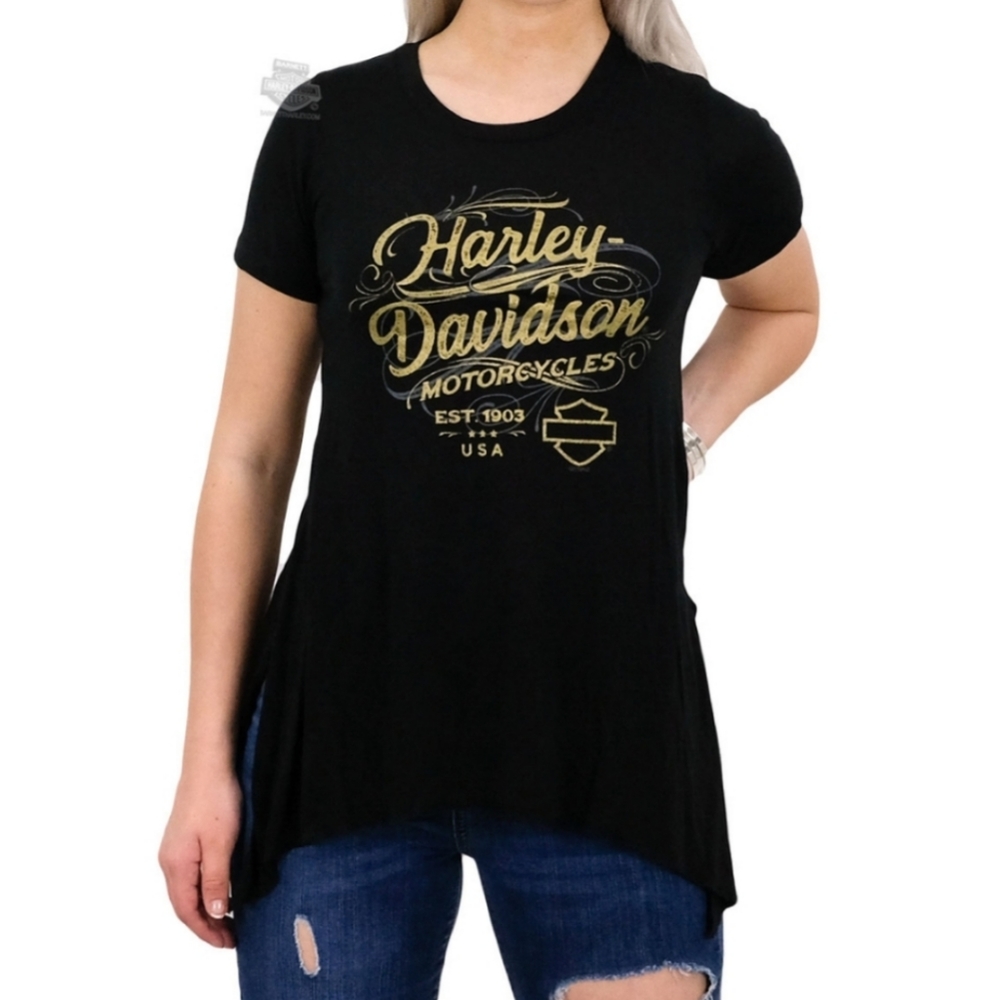 Harley Davidson Black and Gold Shark Bite Hem Tee